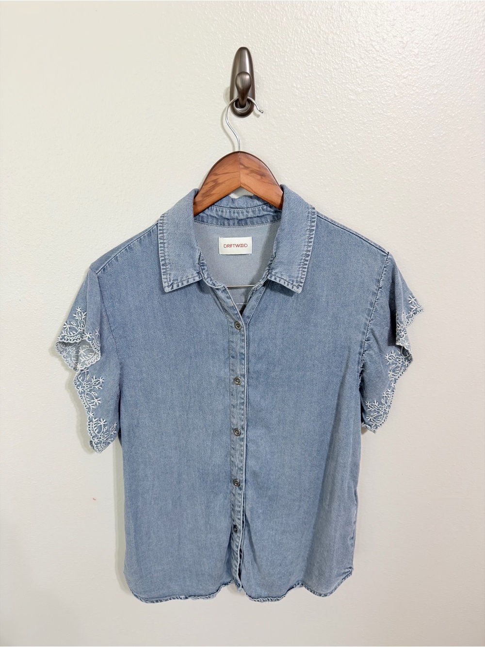 Driftwood Embroidered Chambray Short-Sleeve Blouse